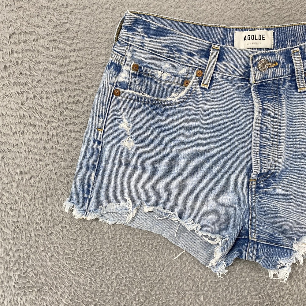 AGOLDE Parker Denim Shorts Womens 27 Blue High Rise Button Fly Cutoff Distressed - Picture 3 of 14